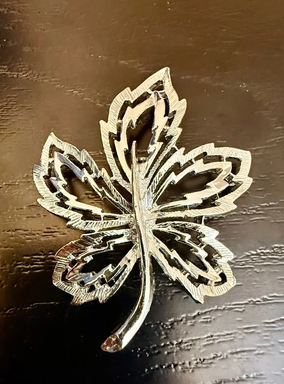 Vintage Silver Tone Openwork Maple Leaf Brooch Pin